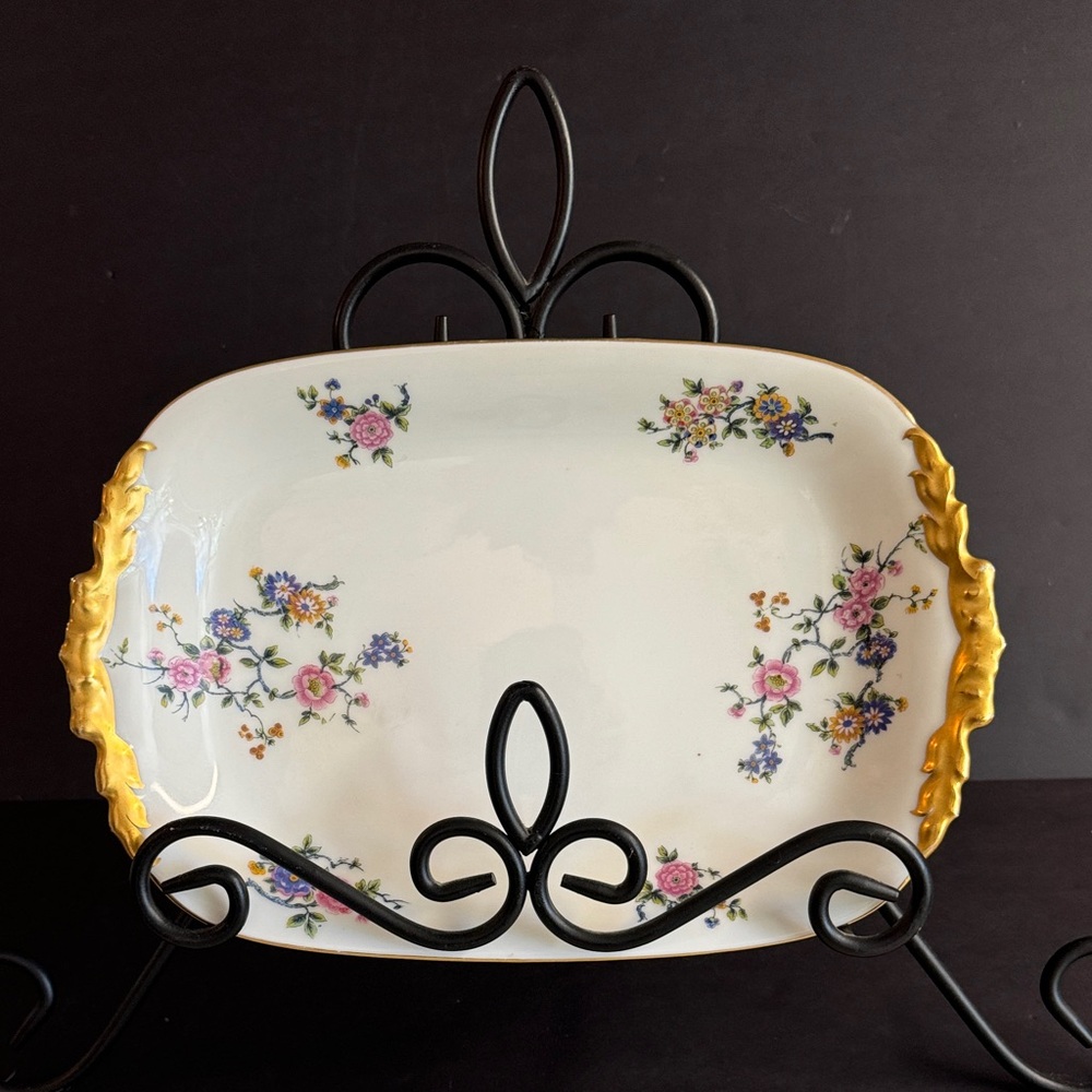 Vtg Jean Pouyat Limoges France Rhiems porcelain handpainted platter gold handles